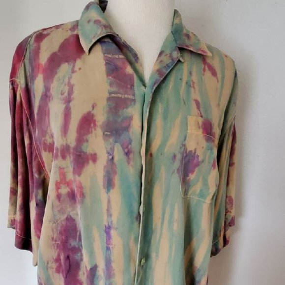Painted Tommy bahama silk shirt red blue purple orange tan green tropical tiedye